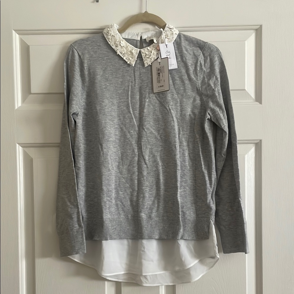Ted Baker London Gray and White Layered Crew Neck Sweater